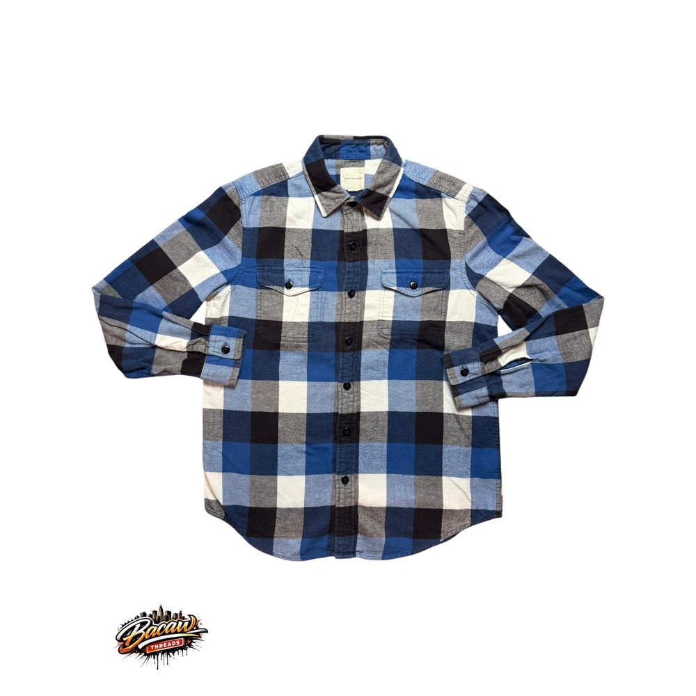 American Eagle Mens Blue Black Buffalo Plaid Flannel Shirt Size M Long Sleeve